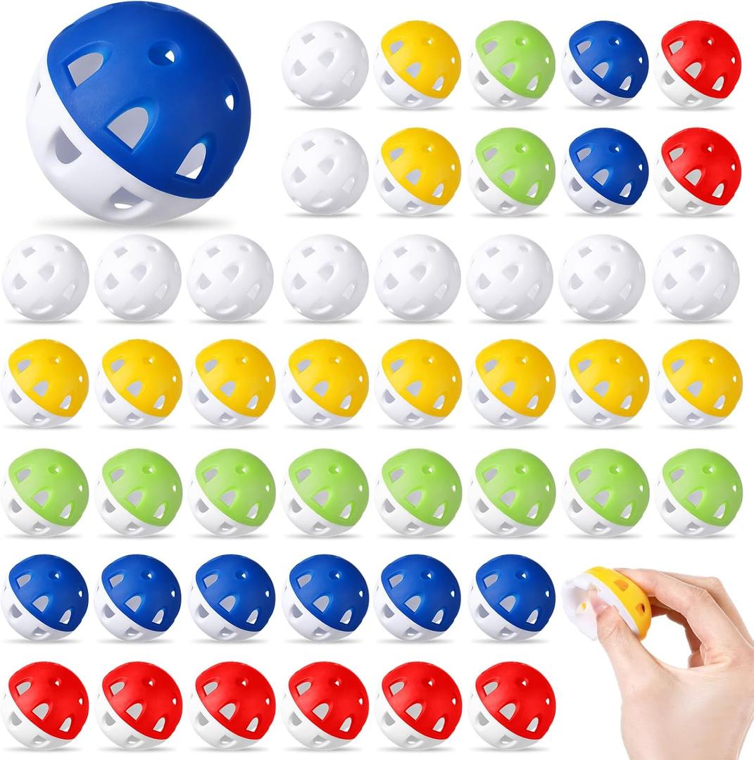 Junkin 50 Pack Practice Golf Balls Limited Flight Plastic Impact Golf Balls 1.65 Inch Hollow Soft Training Resistant EVA Foam Realistic Feel for Indoor Outdoor Swing Training (Colorful)
