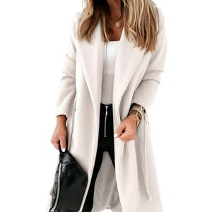 Womens Classic Coat Lapel Collar Open Front Belted Long Jacket (Small, White)