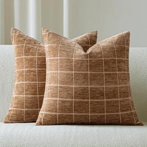 Decorative Chenille Plaid Throw Pillow Covers 16x16 Inch Set of 2 Vintage Check Couch Pillows Neutral Boho Farmhouse Cushion Covers Modern Home Decor for Sofa Bed Living Room Camel