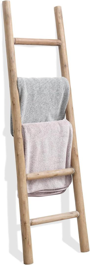 FUIN 57in Wood Blanket Ladder Living Room Decorative Wall Leaning Farmhouse Quilt Display Holder Rustic Wooden Towel Rack for Bathroom, Brown