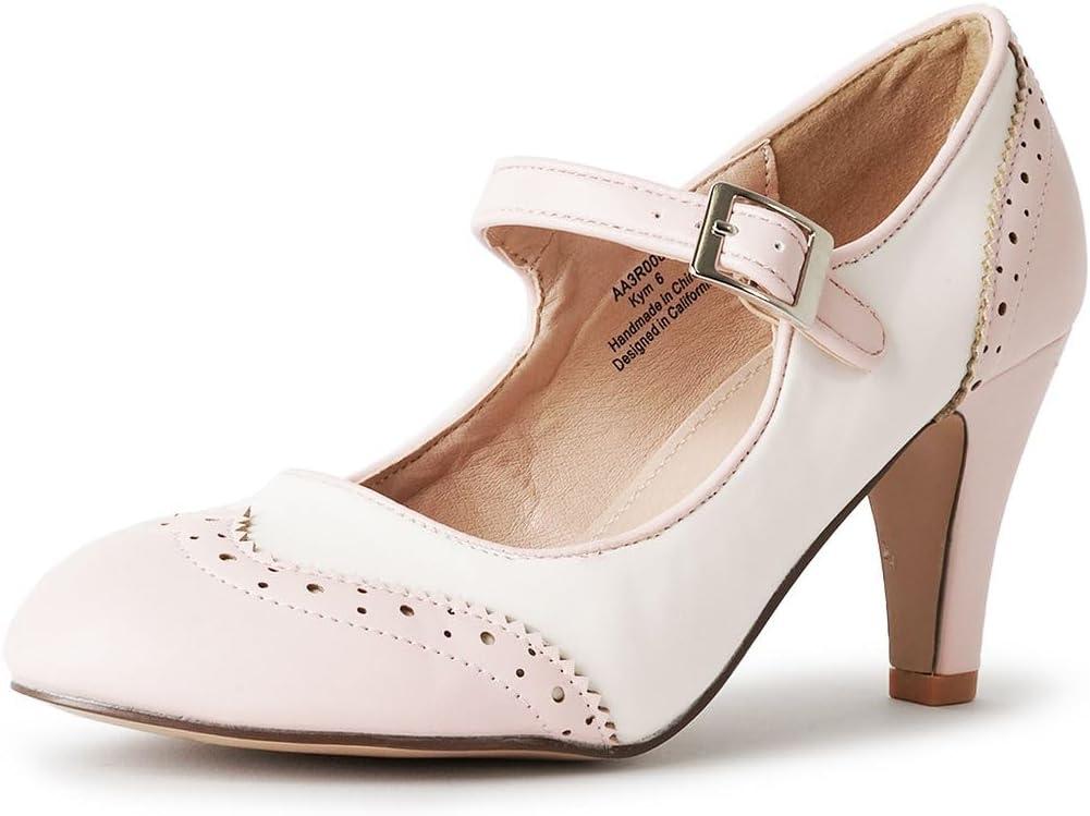 J. Adams Mary Jane Oxford Pumps - Cute Low Kitten Heels - Retro Round Toe Shoe with Ankle Strap - Kym (9, Pink Cream Pu)