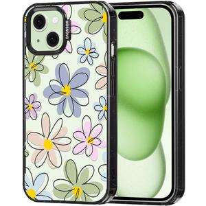 MOSNOVO Case for iPhone 15 Plus, 10ft 4X Military-Grade Drop Protection, Durable & Shockproof Phone Case Cover Design for iPhone 15 Plus / 14 Plus - Linear Blooms - Clear Black