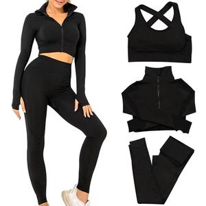 Women's 3pcs Seamless Workout Outfits Sets, Yoga Sportswear Tracksuit Leggings and Stretch Sports Bra Fitness (Large, Black)