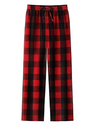 Pajama Pants for Boys Girls, Thick Flannel Kids Plaid Pajamas Lounge Pj Bottoms with Drawstring Pockets for Sleepwear Black and Red Buffalo Plaid, 14-16 Years