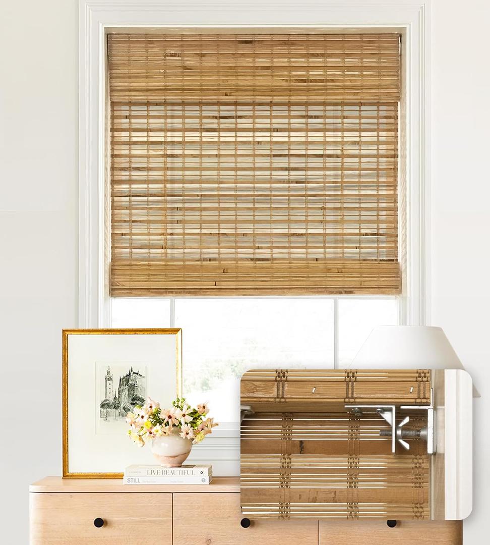 LazBlinds No Tools No Drill Cordless Bamboo Roman Shades, Light Filtering Window Treatment, Roll Up Bamboo Blinds for Windows 25'' W x 64'' H, Dali Native