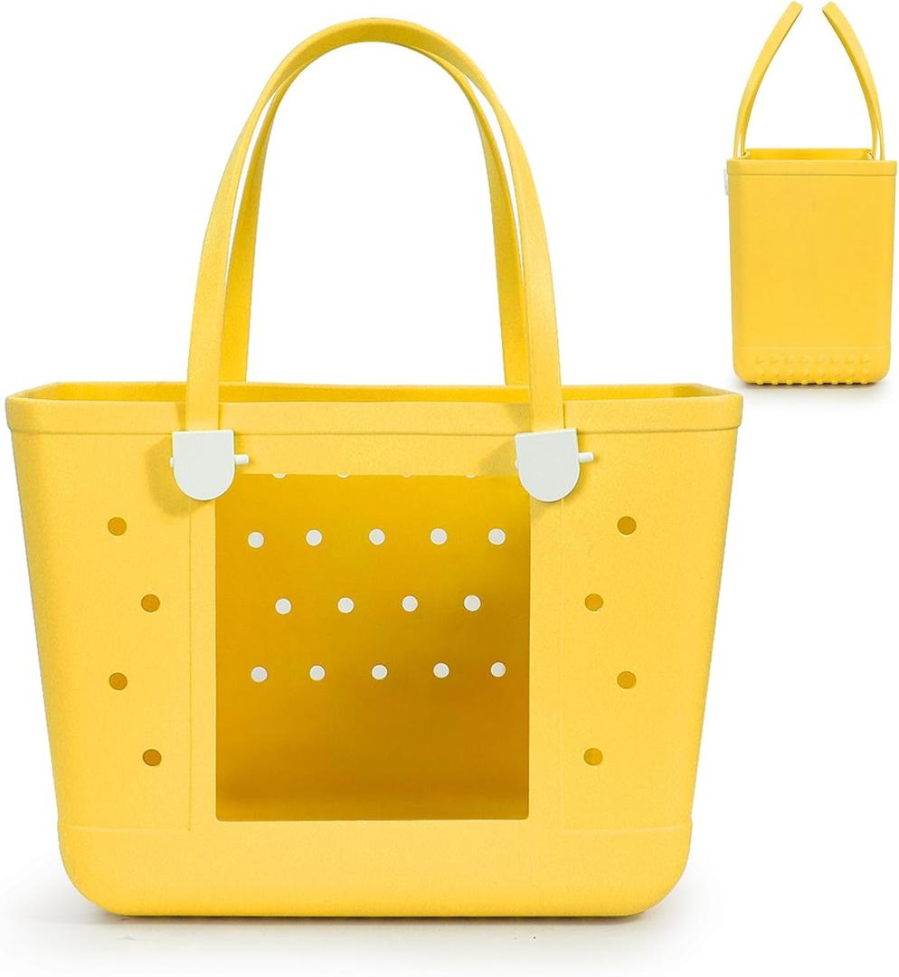 Beach Bag Rubber Tote Bag with Visual Window, X Large Waterproof Travel Bag Washable Handbag for Sports Beach Pool (Yellow)