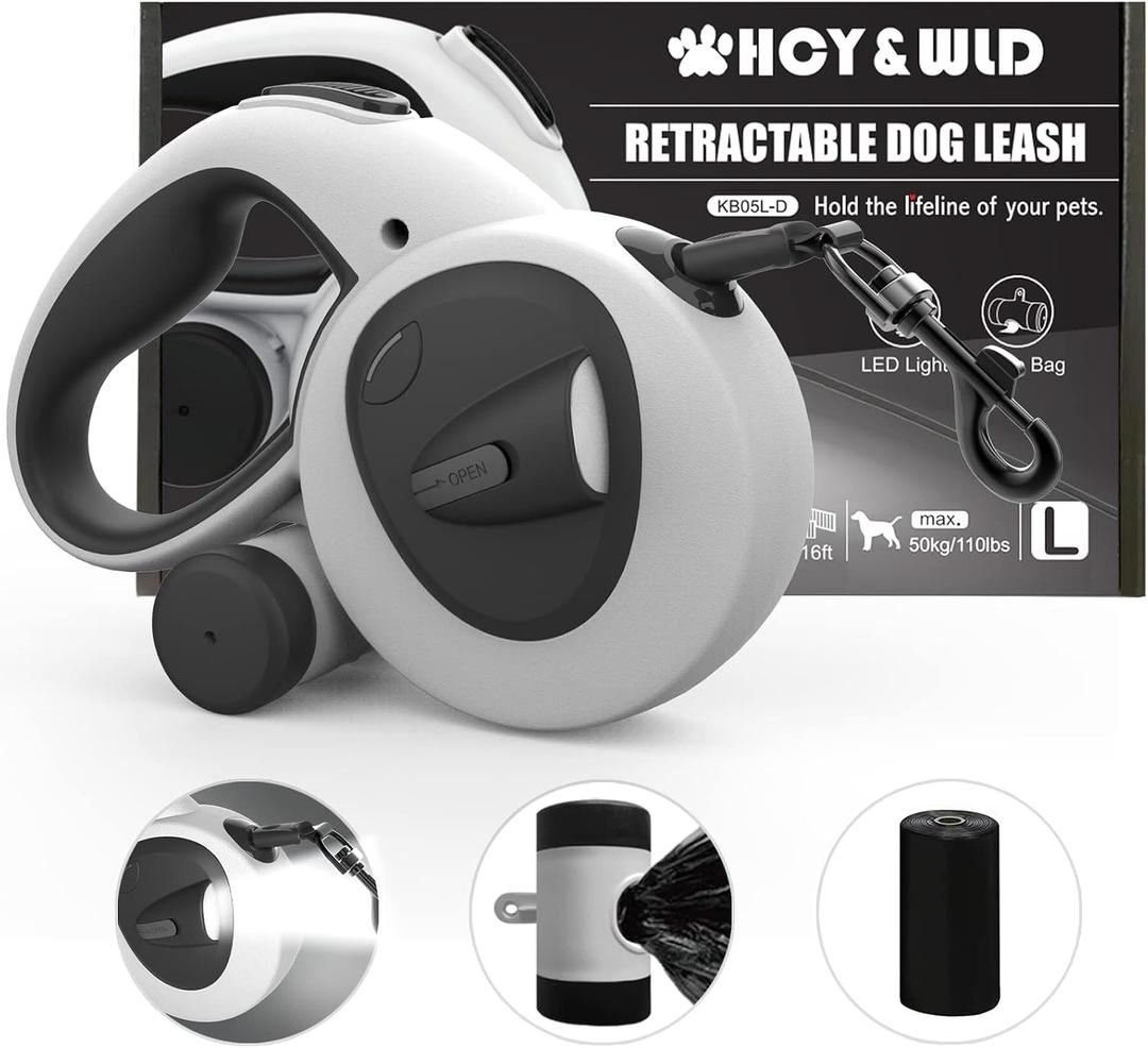 HCY&WLD Upgrade 4-in-1 Retractable Dog Leash with LED Light & Dispenser & Poop Bags, 16 ft Heavy Duty Dog Leash with Anti-Slip Handle for Dogs up to 110 lbs, 360 Tangle-Free, One Button Brake & Lock