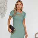 VICHYIE Womens Summer Dresses Cutout One Piece Ribbed Bodycon Mini Short Sleeve Casual Slim Fitted Pencil Dresses (Green, XL)