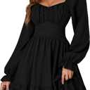 KIFOVEN Women's Lantern Long Sleeve Smocked Wrap Tiered Ruffle Flowy A Line Short Mini Dress (Black, XL)