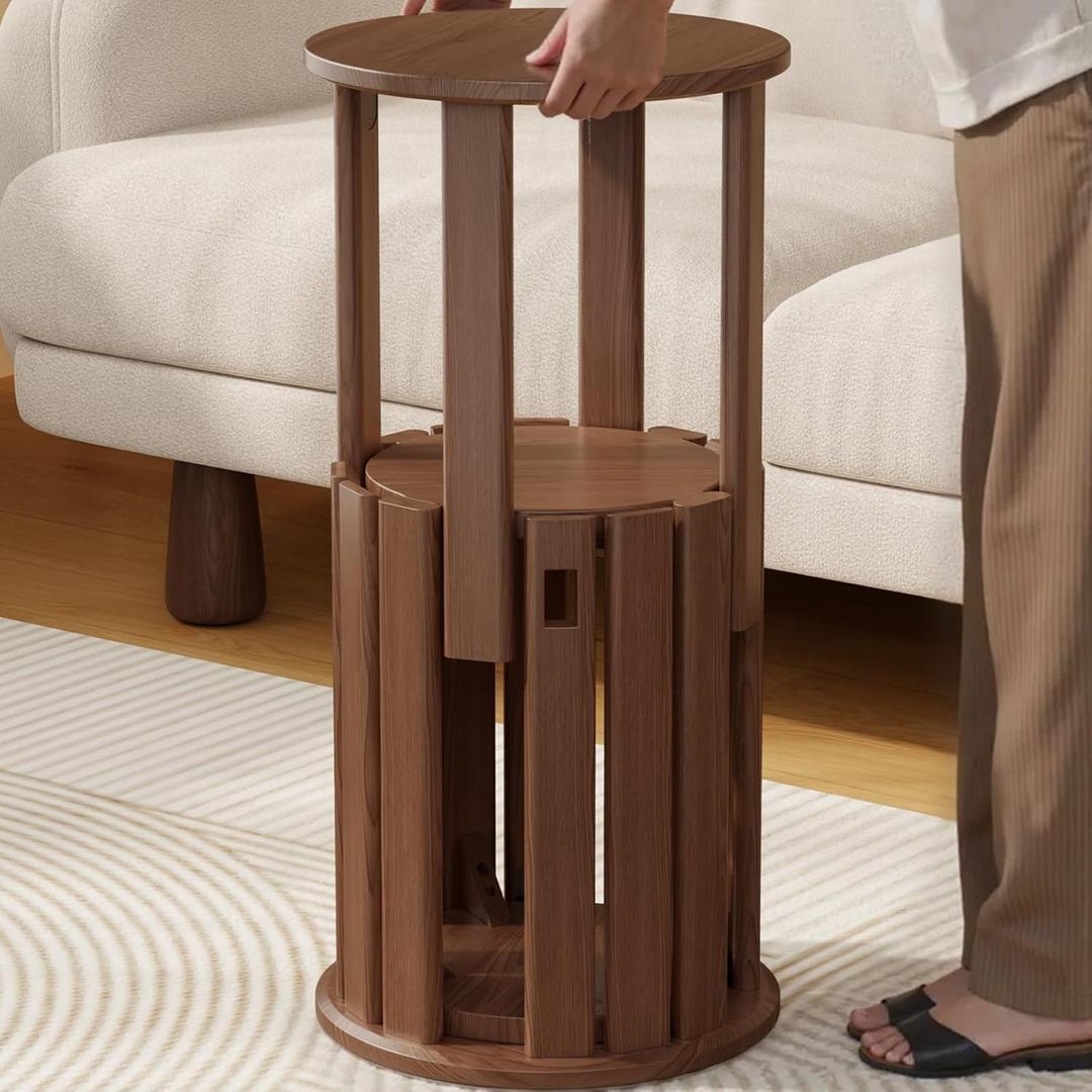 Stackable Stools Set of 4, 100% Solid Wooden Stool No Installation Required Walnut Side Table Multifunctional Space Saving 18 Inch Round Stool Modular Interlocking Coffee Table for Living Room