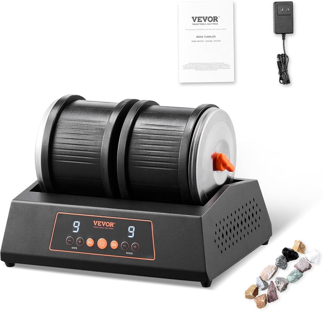 VEVOR Rock Tumbler Machine, 8 lbs Large Capacity Dual Barrels Rock Polishing Machine, 9 Speed Settings 9-Day Polishing Timer Stone Tumbler, Direct Drive Motor, 35dB Silent Rotary Polisher, Black