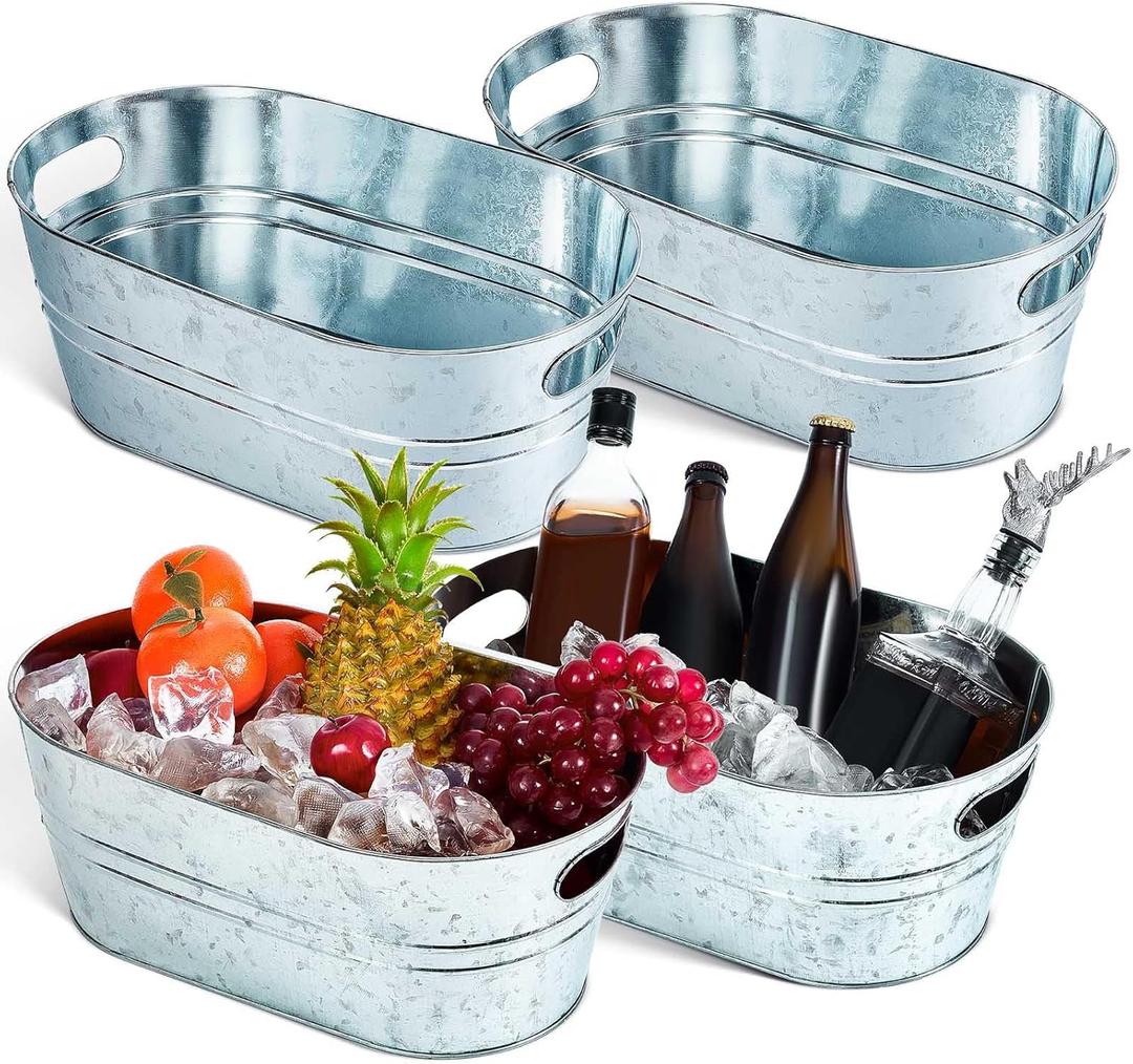 Tessco 4 Pcs 4 Gallon Galvanized Metal Tubs Large Ice Buckets for Parties Beverage Drink Tin Bins Champagne Cocktail Drink Cooler for Summer Mimosa Bar Supplies(Classic,Silver)