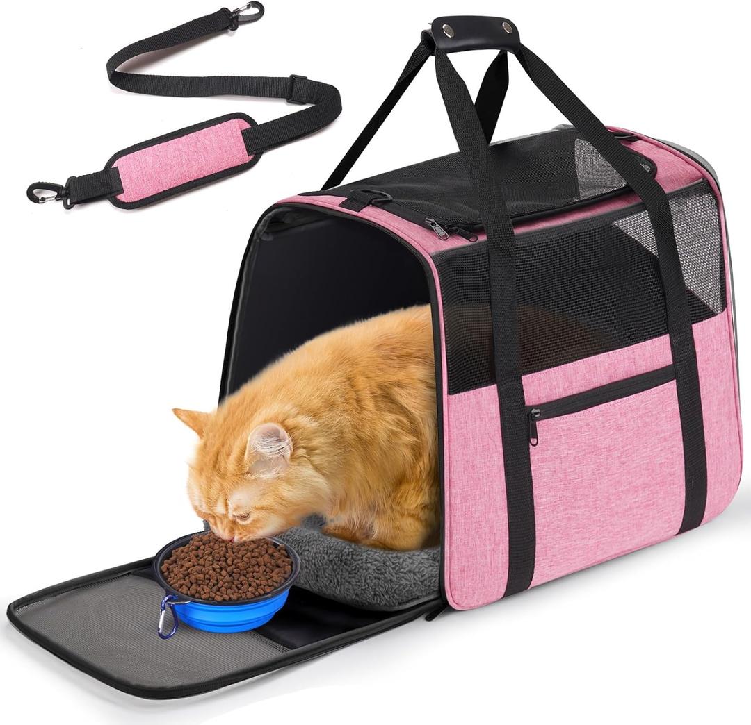 JUNGYOUN Premium Cat Carrier - Pet Carrier for Cat & Small Dogs up to 15lbs - Airline Approved Travel Dog Carrier with Anti-Escape Zippers, Collapsible Travel Bowl & Padded Strap (17.5"L x 12.4"W x 13.5"H, Pink)