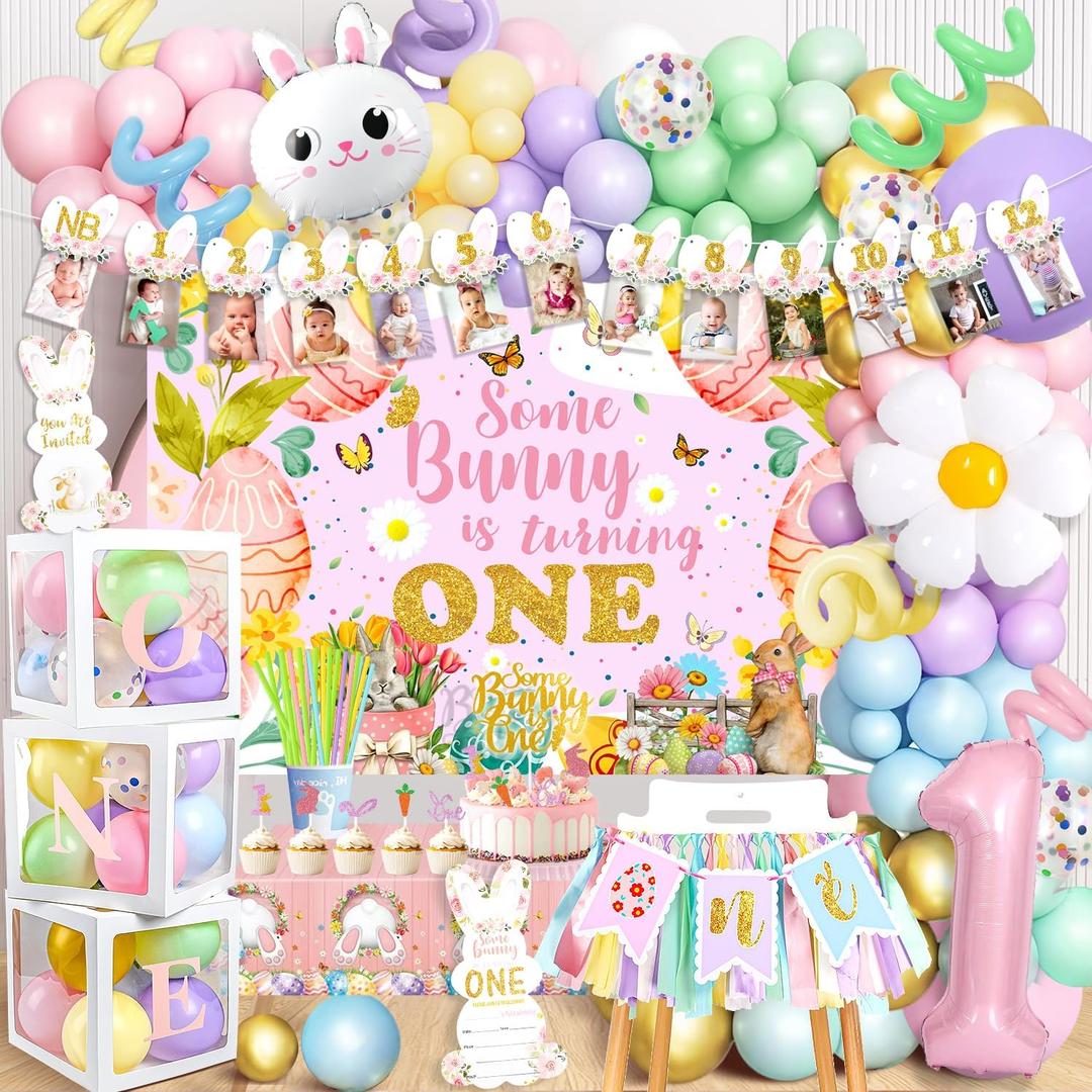 MOVINPE Some Bunny Is One Birthday Party Decorations for Girl, Baby Girl 1st Easter Bunny Birthday Party Supplies First Birthday Decor, Easter Rabbit Macaron Theme Balloons Backdrop Party Decor