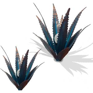 2 PCS Metal Agave Sculpture Decoration, Vintage Country Hand-Painted Sculpture DIY Metal Agave Plant, Home Garden Courtyard Lawn Outdoor Decoration (Serrated Blue)