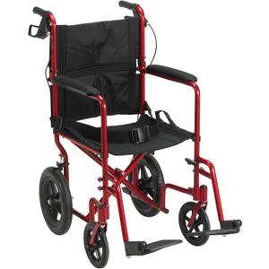Drive Medical Lightweight Expedition Folding Transport Wheelchair - Ultra Lightweight Mobility Support for Seniors & Adults - Strong Aluminum Frame - Hand Brakes - Compact Folding Travel Chair - Red