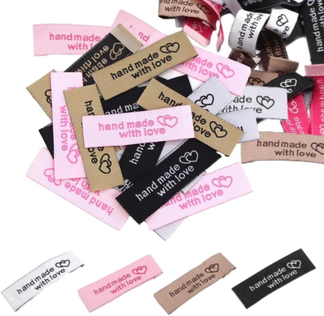 100pcs Handmade with Love Heart Clothing Label,Embroidered Fabric Tags Sew on Tags for DIY Sewing Knitting Crocheting Quilting Gift Wrapping DIY Accessories (Multi)