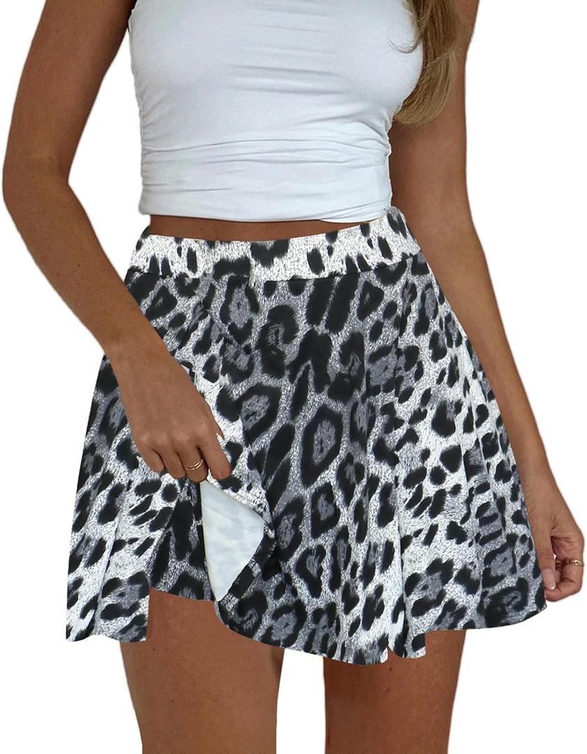 Women's Mini Skater Skorts Skirts - High Waisted Summer Y2K Pleated Flowy Athletic Flare Skirt with Shorts Underneath (Leopard Grey), M