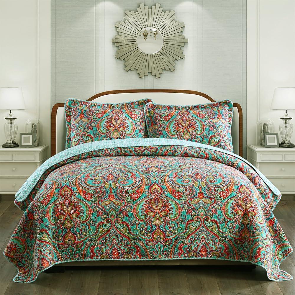 NEWLAKE Cotton Bedspread Quilt Sets-Reversible Patchwork Coverlet Set, European Gorgeous Floral Pattern, Queen Size