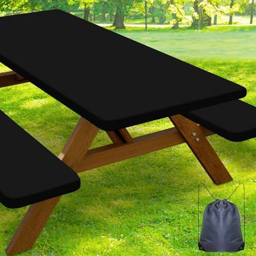 Smiry Picnic Table Cover with Waterproof Stretch Polyester Tablecloths for 6ft Wide Rectangle Tables, Washable Windproof Tablecloths for Camping, RV & Outdoors (Black, 30" x 72")