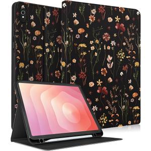 for Samsung Galaxy Tab S11 Case - Smart Folio Cover with Build-in Pencil Holder Women Girls Cute Design for Samsung S11 Tablet Case 11 Inch (SM-X730/X736/X736B) Cover,Retro Floral (Black Retro Flower)