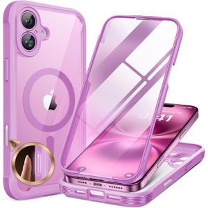 Miracase for iPhone 16 Case 6.1'', [Bubble Free] Full-Body Bumper Phone case with Built-in Full Glass Screen &Camera Control,No Gap,Compatible with MagSafe,Drop Proof 16 Cover,Pink