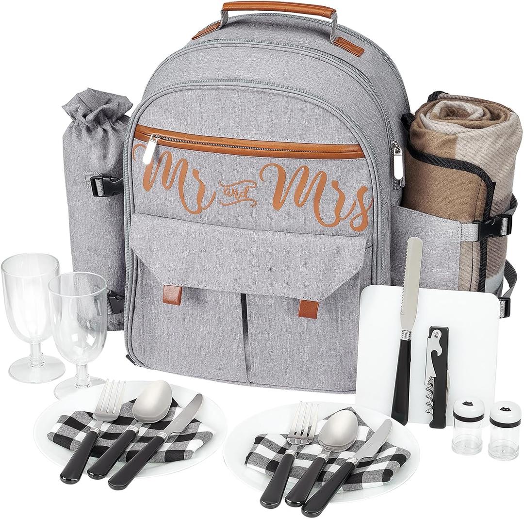 Couple Gifts 22L Picnic Basket Set, Grey Insulated Picnic Backpack for 2, Leak Proof Cooler Camping Gifts, Cool Bridal Shower Gifts Anniversary Engagement Wedding Gifts for Couples, Mr and Mrs Gifts (Gray)