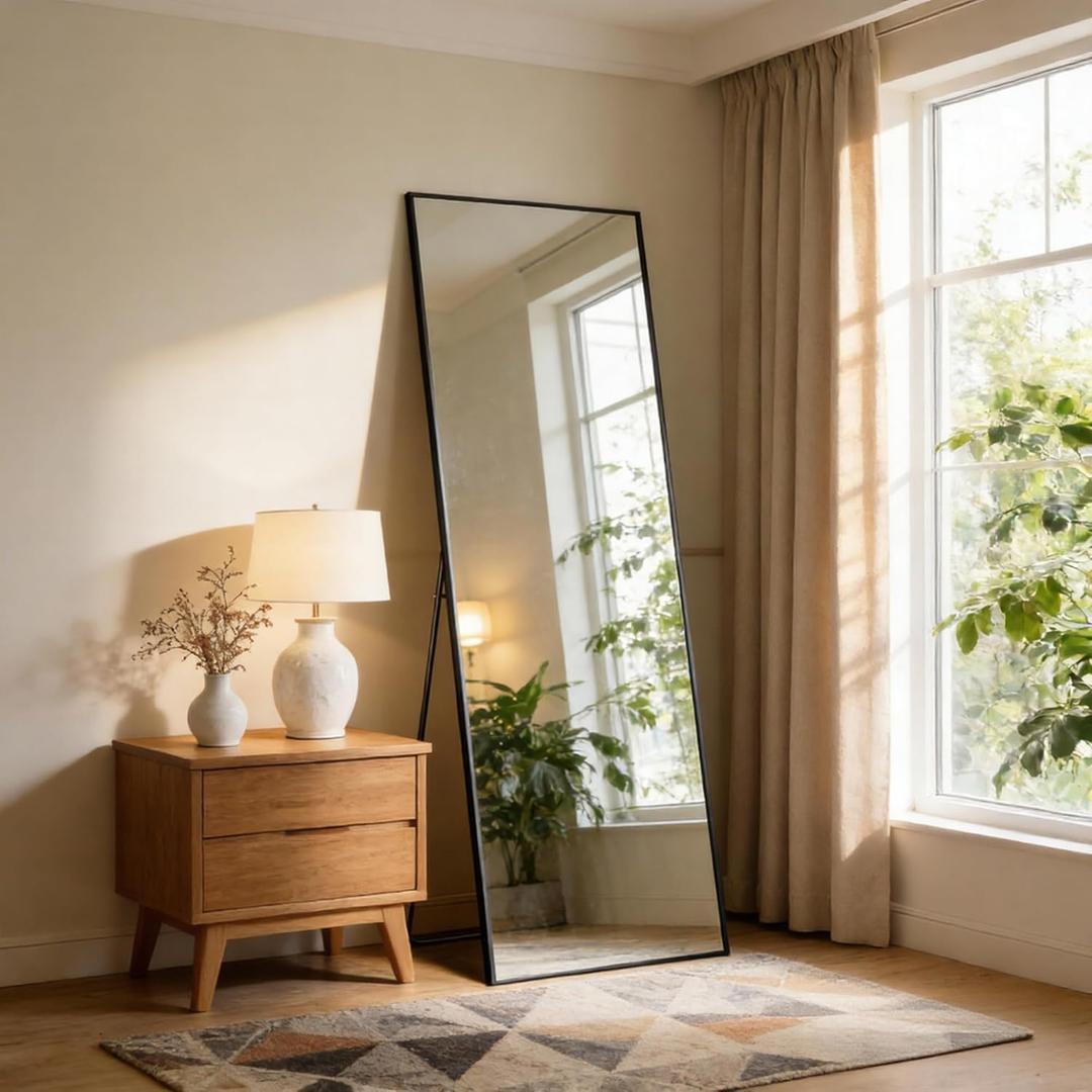NEWBULIG Full Length Mirror, Full Body Floor Mirror with Aluminum Alloy Thin Frame, Wall or Standing Mirror for Bedroom, Living Room, Dressing Room (59.1"L x 15.7"W, Black-rectangular)