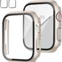 2 Pack Case with Tempered Glass Screen Protector for Apple Watch Series 6/5/4/SE 44mm,JZK Slim Guard Bumper Full Coverage Hard PC Protective Cover HD Ultra-Thin Cover for iWatch 44mm,Starlight