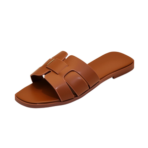 Women's Flat Sandals, Ladies Leather Cross Strap Slide Slippers, Comfy Dressy Slip on Shoes Elegant Summer Fall Spring Cute Open Toe Casual Footwear (12, Brown)