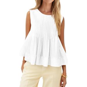 Cicy Bell Womens Summer Peplum Tops Casual Babydoll Sleeveless Cotton Tank Tops Flowy Pleated Shirts White (White), Size: Large