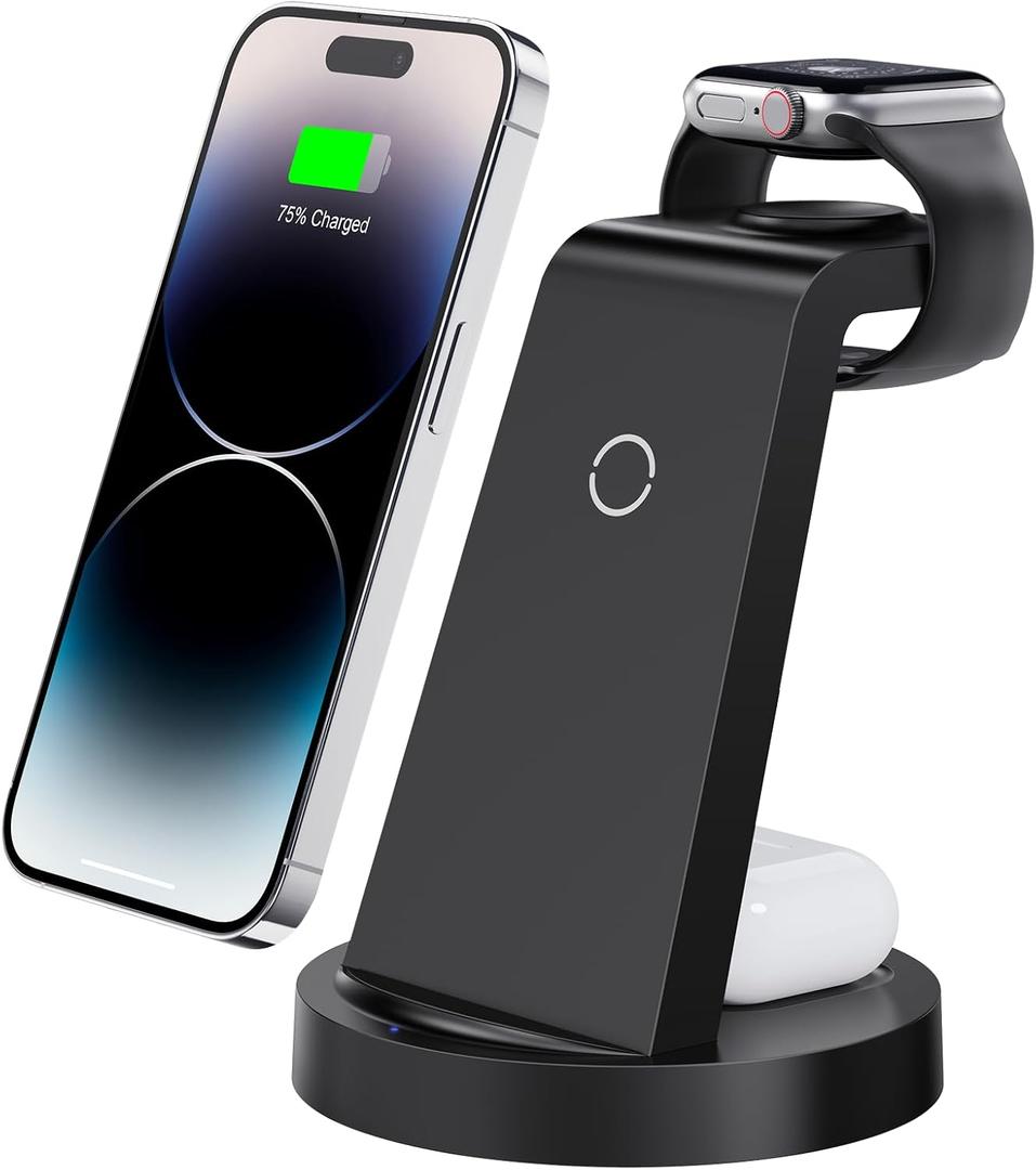 3 in 1 Charging Station for iPhone, Wireless Charger for iPhone 16e 16 15 14 13 12 11 X Pro Max & Apple Watch - Wireless Charging Station for AirPods 4 3 Pro (Black)