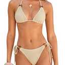 ZAFUL Triangle Bikini Sets for Women Sexy Tie Side Halter String O Ring Textured Two Piece Swimwear Bathing Suit(2-Beige, L)