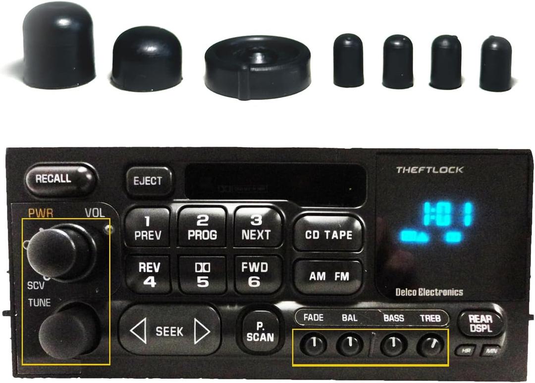 Chevy and GM Radio Control Knob Set - 7 Knob Set for Select GM Vehicles | Volume - Power, SCV, Tune, Fade, Balance, Bass, Treble | Fix Broken GM Radio Knob Universal
