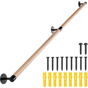 6 FT Wooden Stairs Handrails Wall Mount- Metal Support Wood Staircase Handrails, Interior Stair Railings, Banister Hand Railing, Outdoor Grab Bars Safety Handle for Elderly or Handicap