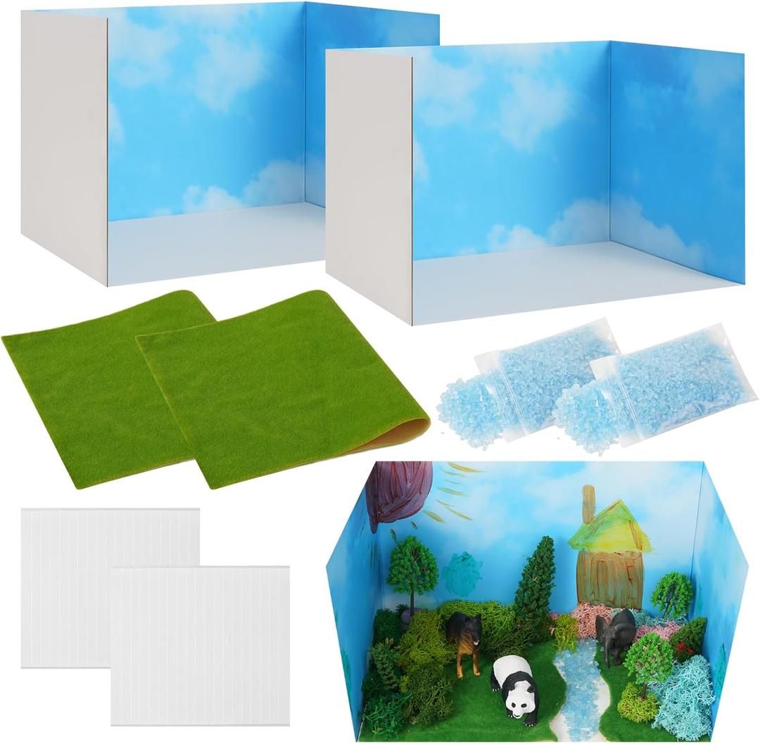 Ecmln 8 Pcs Cardboard Diorama Kit Includes Diorama Box for Display Artificial Grass with Double-Sided Tapes Blue Sand Ideals for DIY Crafts