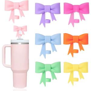 7 pcs Cute Bow Straw Covers Cap Toppers Compatible with Stanley 40/30 oz Tumbler Cups,Reusable Silicone Straws Lids Tips Protectors for 0.4 in/10mm Stanleys Cup Accessories