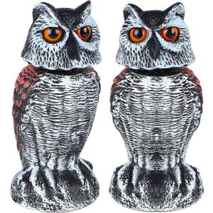 Hausse 2 Pack Fake Owl Decoy Bird Scarecrow Sculpture, Rotating Head Plastic Owl Bird Deterrents, Nature Enemy Horned Pest Repellent for Outdoor Garden Yard