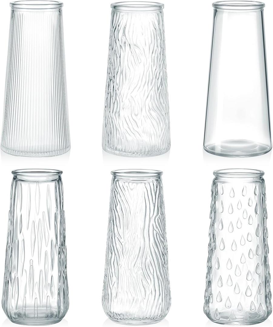 6 Pcs 6 Tall Glass Bud Vases for Centerpieces Small Vase Suitable for Wedding Party Table Centerpiece Rustic Home Decor, Vintage Glass Vases for Flowers Rose Tulip Stems Housewarming Gift