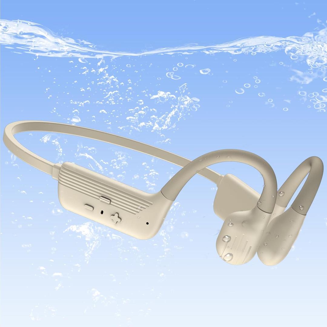 Swimming Headphones Soft Silicone, IP68 Waterproof Bone Conduction Headphones, 32GB MP3 Player & Bluetooth 5.4 Wireless Sport Earbuds, Secure Open Ear for Swimming, Running, Sports（Beige）