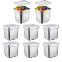 8 Pcs 1/6 Size Hotel Steam Table Pans with Lids, Stainless Steel Food Containers and PP Plastic Covers, Anti-clogging Steamer Pans for Buffet, Catering, Restaurant, and Food Prep(6" Deep)