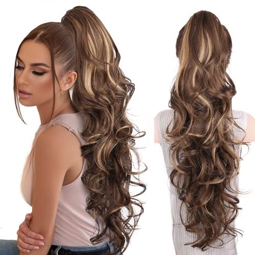 Clip on Ponytails for Women - 26 Inch Long Ponytail Extension, Wavy Pony Tails Hair Extensions, Synthetic Hair Extensions Ponytail, Clip in Ponytail (Color: Chestnut Brown With Golden Highlights)
