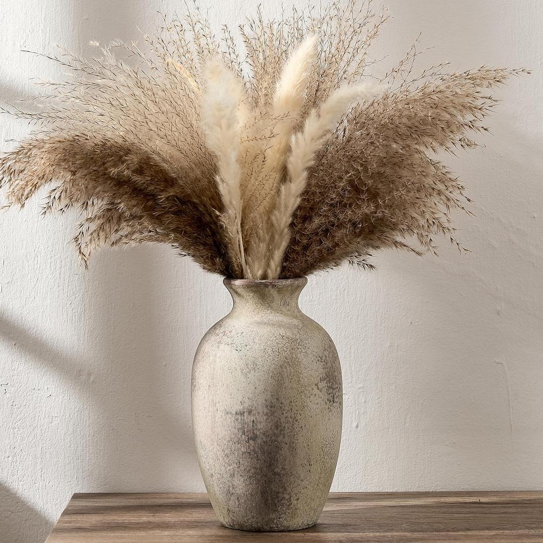 Ceramic Rustic Flower Vase, 8.27 Inch Vintage Pottery Home Decor, Antique Farmhouse Terracotta Vase for Living Room, Table, Shelf, Mantel Decoration, Farmhouse - Natural Brown