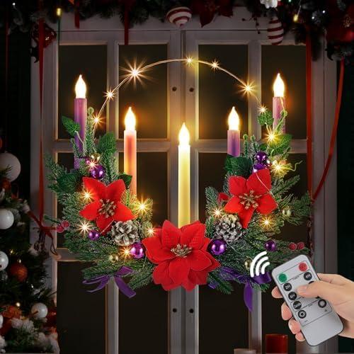 Suncalla 1 Set Advent Wreath with 5 Flameless Candle (Pink Purple White) and Timer Remote Control, 1 Advent Wreath Candle Holder, 1 LED Strings for Holiday Party Decor(Poinsettia,20 Inch)