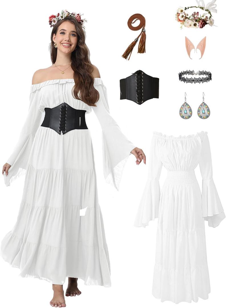 7 Pcs Halloween Medieval Renaissance Witch Dress for Women, Victorian Vintage Gothic Cosplay Fairy Costumes (Small, White)