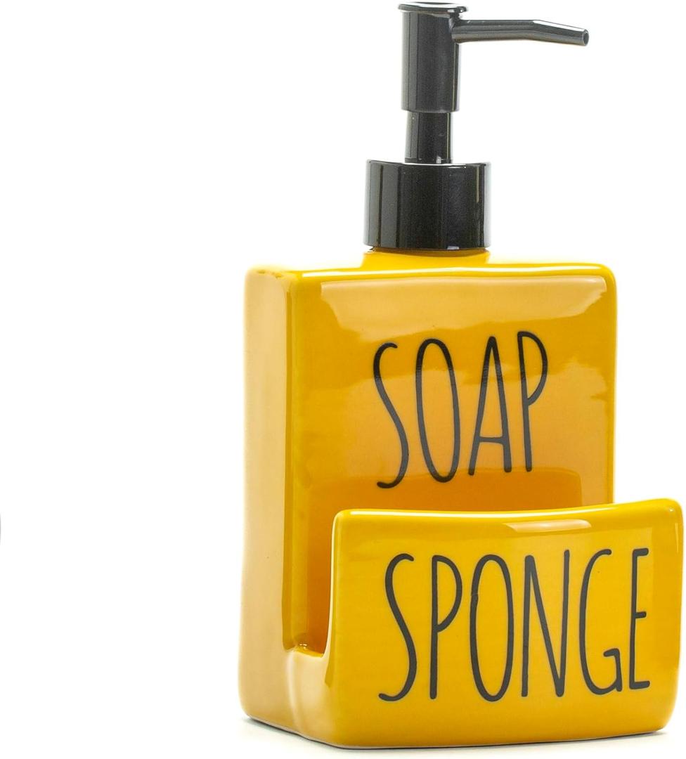 Ceramic soap Dispenser with Sponge Holder for Kitchen Sink Bathroom Counter top Storage and Organization (Yellow)