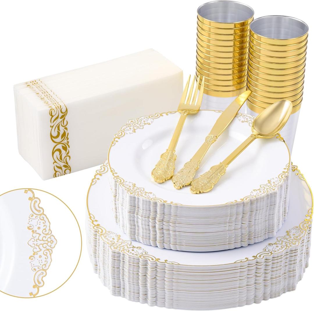 Fijinhom 350pcs Gold Plastic Plates, Elegant Disposable Dinnerware Set, 125 Pieces, White and Gold, Plates, Cups, Cutlery and Napkins (Gold, 50 Guests)