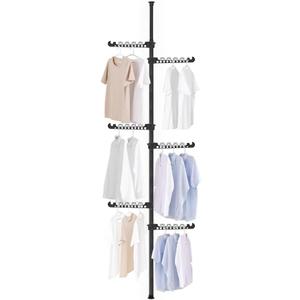 Hershii Garment Clothes Rack Coat Tree Clothing Drying Hanging Holder Organizer Standing Adjustable Laundry Pole Tension Rod Floor to Ceiling Indoor Corner Storage Shelf 6 Tiers - Black