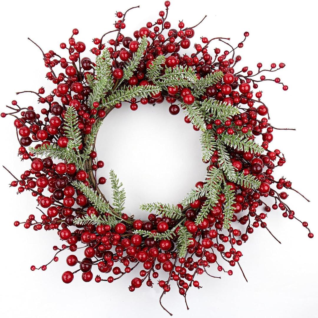 Yawwind 20 Inches Red Christmas Wreaths Farmhouse Christmas Wreaths for Front Door Classic Red Berry Wreath Winter Holiday Wreath with Fir Pine Needle for Doors Window Indoors Porches Outside