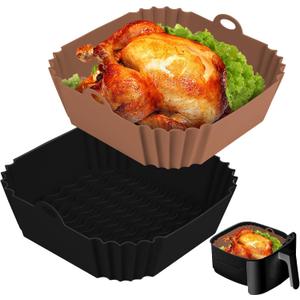 2 PCS Square Silicone Air Fryer Liners - 8 Inch Reusable Air Fryer Pot - Air Fryer Accessories - Air Fryer Inserts for 4 to 7 QT Oven Microwave Accessories (Black + Brown)